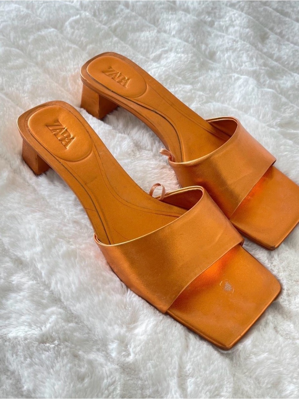 ZARA Orange Satin Square-Toe Block Heel Mules
